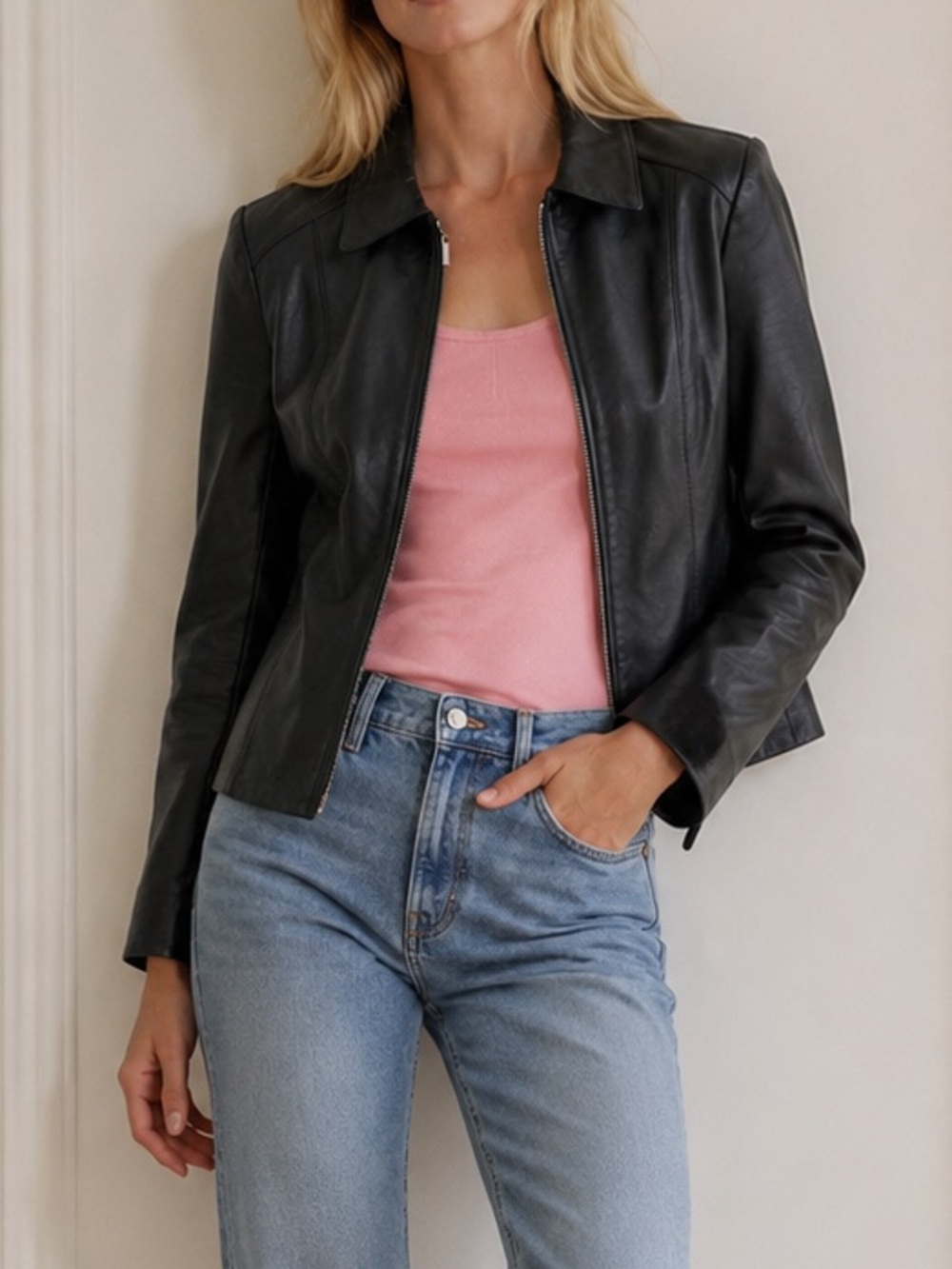 Sonoma Edgy Moto-Chic 90s Grunge Biker Lite Lambskin Leather Zip Jacket Size L